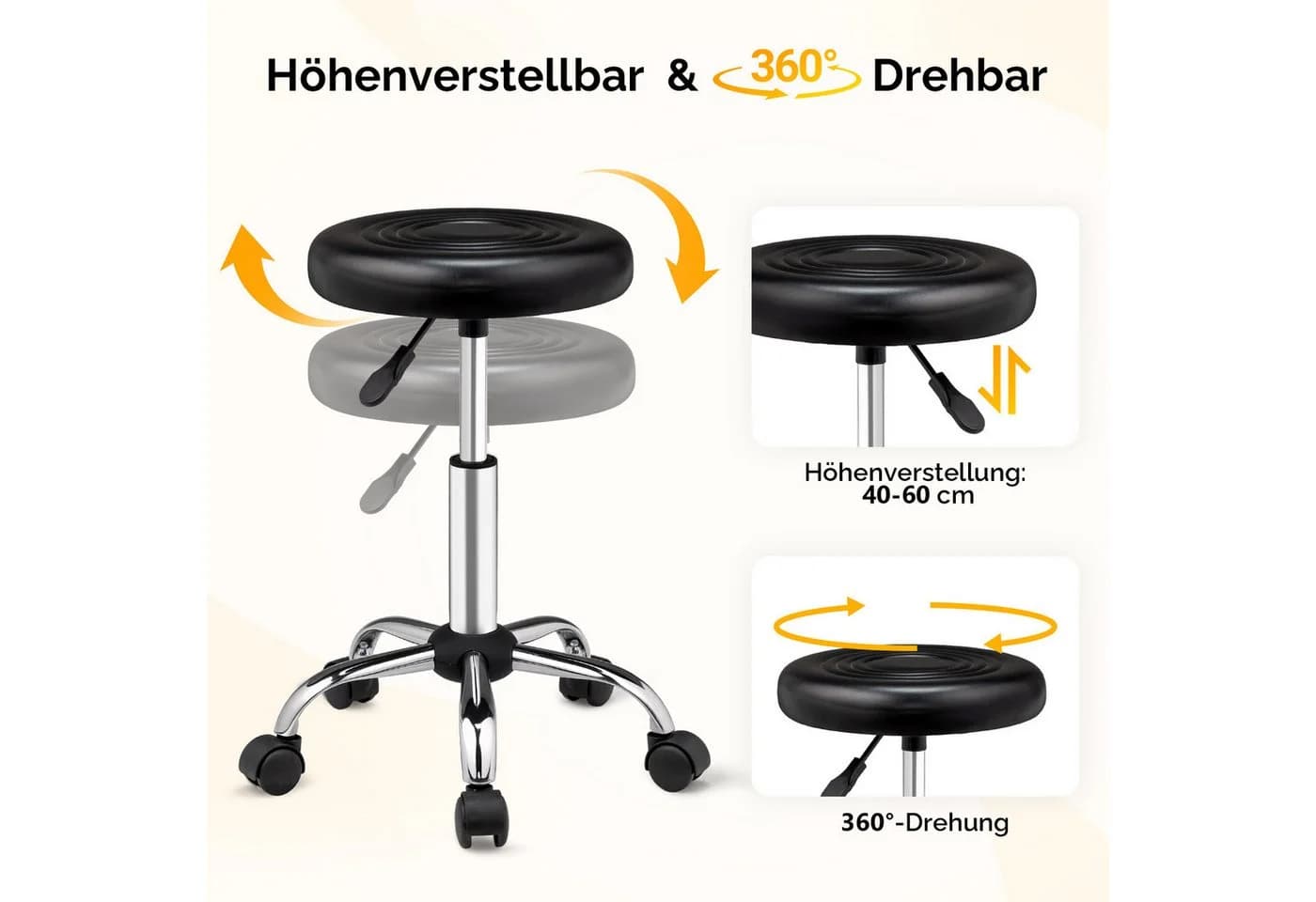 VINGLI Rollhocker mit Rädern, höhenverstellbar, PU-Leder, 360° drehbar, schwarz