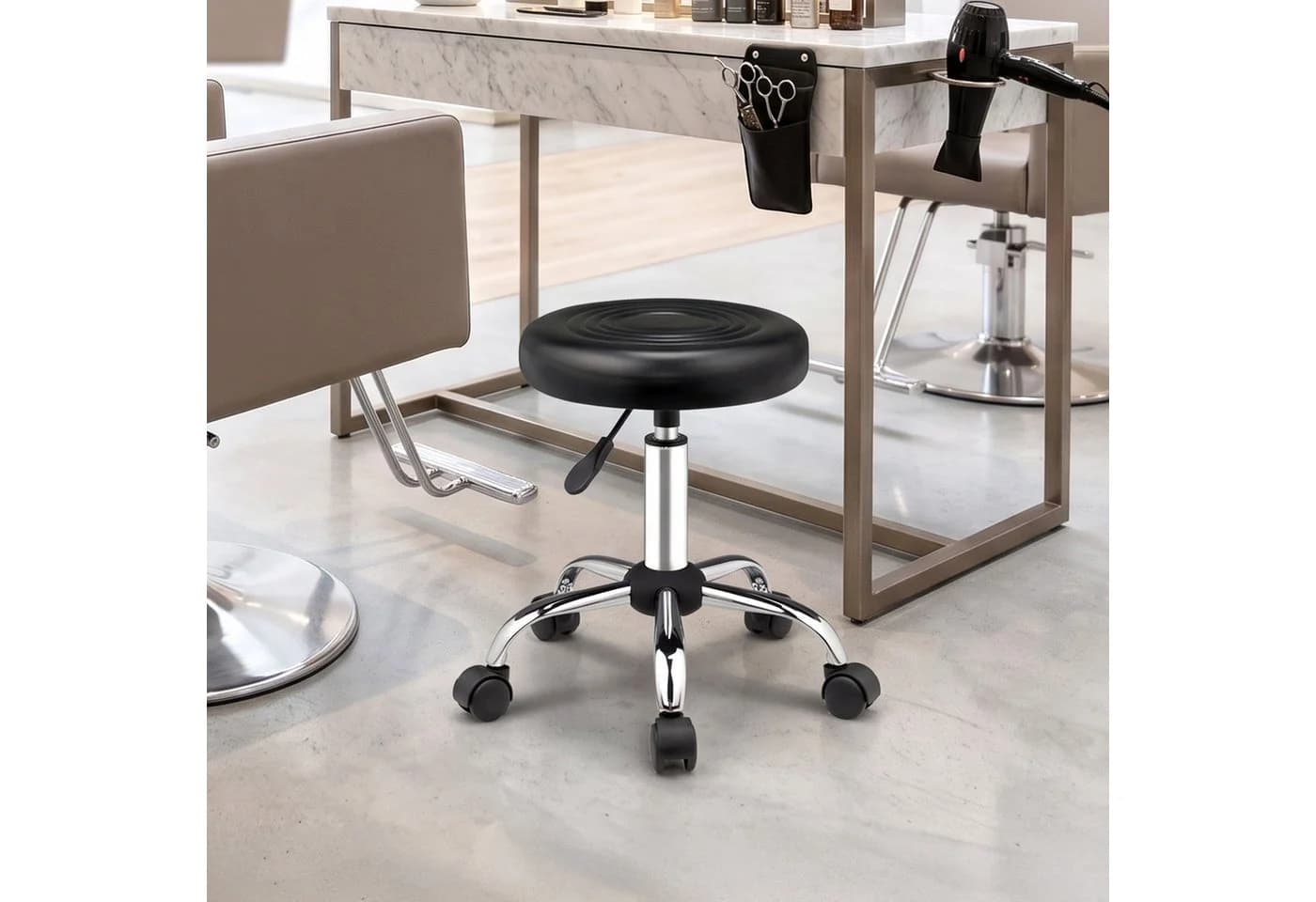 VINGLI Rollhocker mit Rädern, höhenverstellbar, PU-Leder, 360° drehbar, schwarz - Bild 3