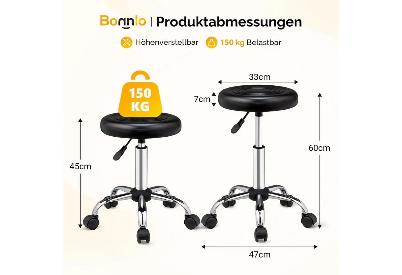 VINGLI Rollhocker mit Rädern, höhenverstellbar, PU-Leder, 360° drehbar, schwarz - Bild 4