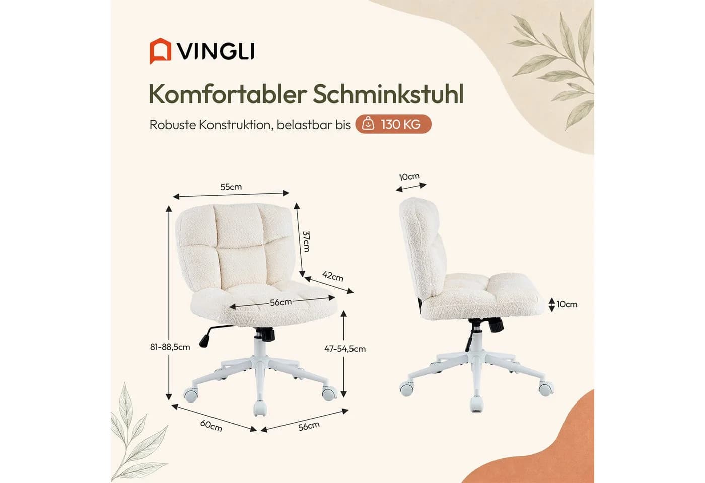 VINGLI Drehstuhl Chenille Beige Ergonomisch Höhenverstellbar