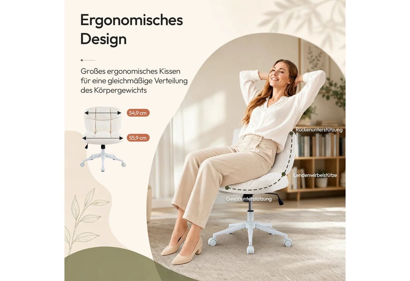 VINGLI Drehstuhl Chenille Beige Ergonomisch Höhenverstellbar - Bild 3
