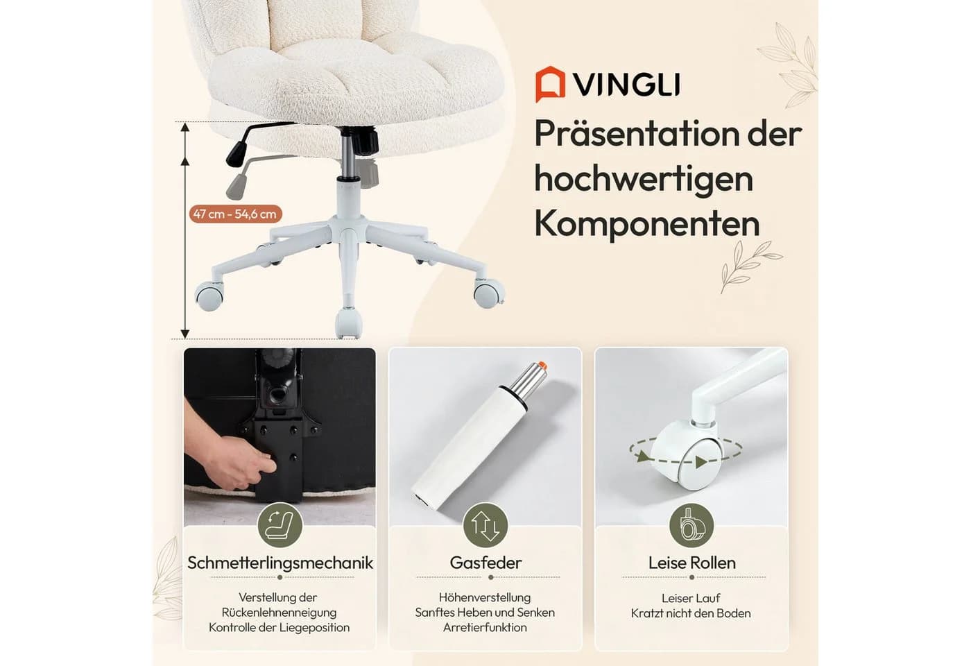 VINGLI Drehstuhl Chenille Beige Ergonomisch Höhenverstellbar - Bild 5