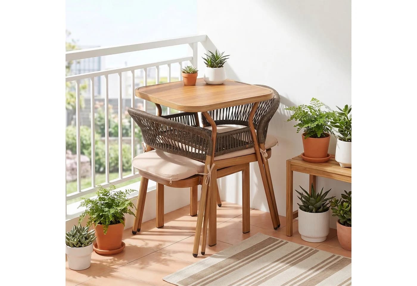 VINGLI Garten-Essgruppe 3-teilig Stapelbar Braun PE-Rattan - Bild 3