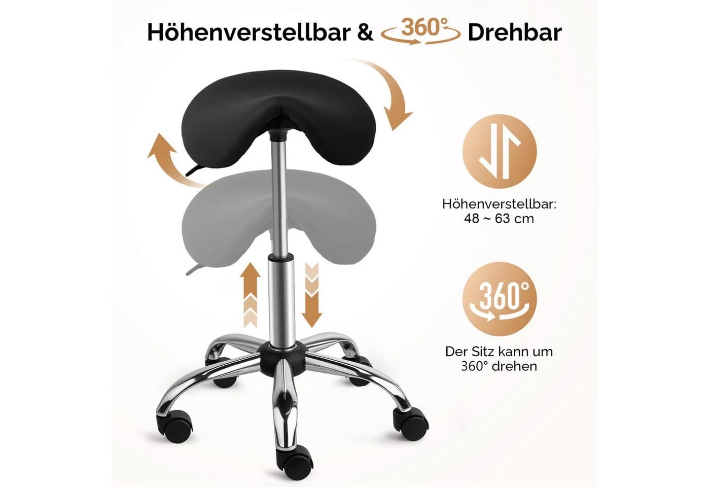 VINGLI Drehhocker Sattelhocker Schwarz höhenverstellbar mit Rollen - Bild 4