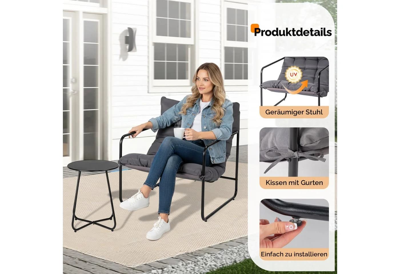 VINGLI Balkonset 3-teilig Grau/Schwarz mit Kissen - Bild 5