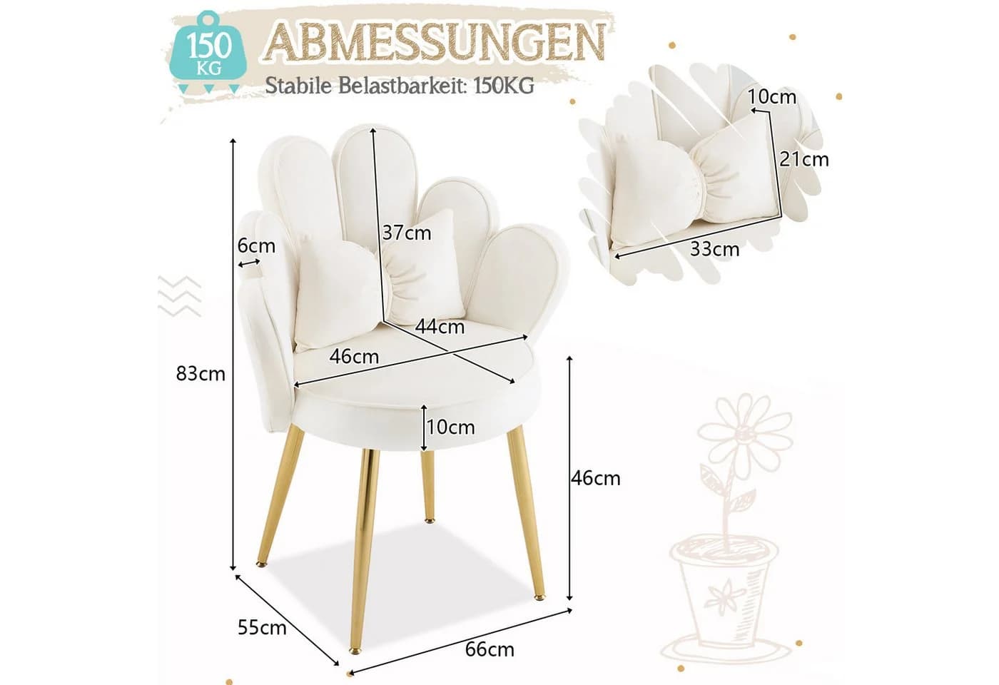 VINGLI Polsterstuhl mit Schleife Zierkissen, Schminktisch Stuhl, Moderner Esszimmerstuhl - Bild 3