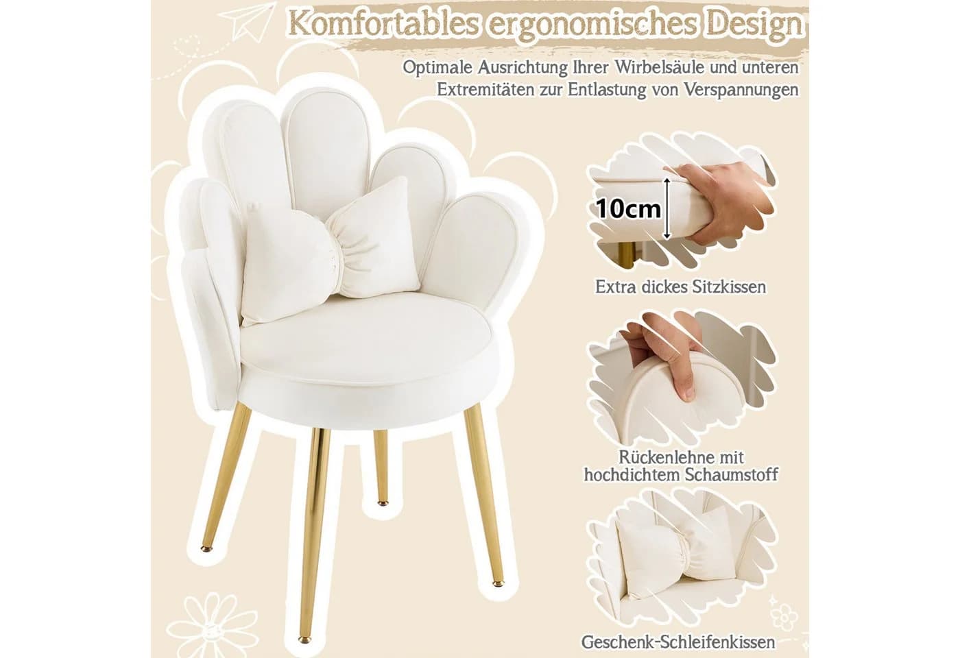 VINGLI Polsterstuhl mit Schleife Zierkissen, Schminktisch Stuhl, Moderner Esszimmerstuhl - Bild 4