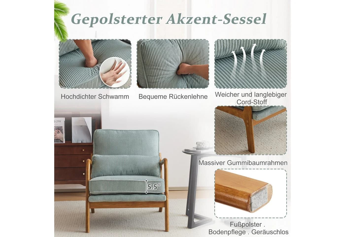 VINGLI Cocktailsessel Modern Cord-Stoff Massivholz blau - Bild 3