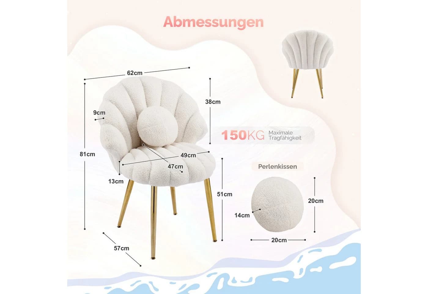 VINGLI Schminktisch Stuhl Muschelform Teddystoff Gold