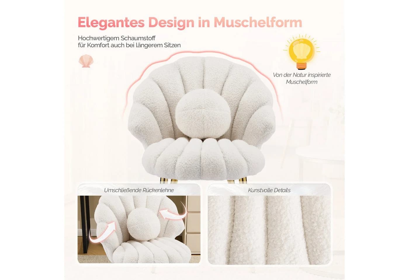 VINGLI Schminktisch Stuhl Muschelform Teddystoff Gold - Bild 5