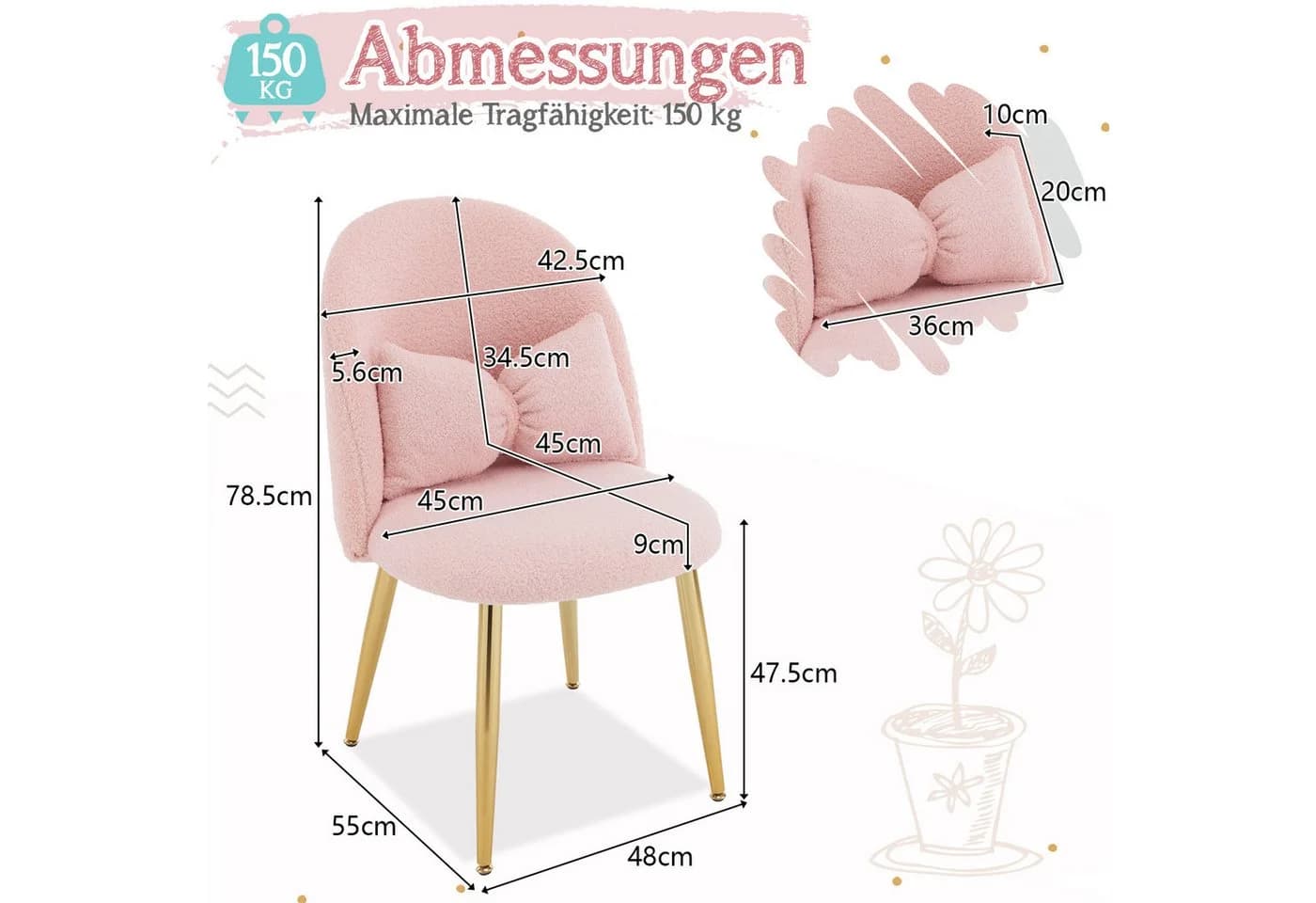 VINGLI Polsterstuhl Rosa Teddy-Stoff Schleife Zierkissen