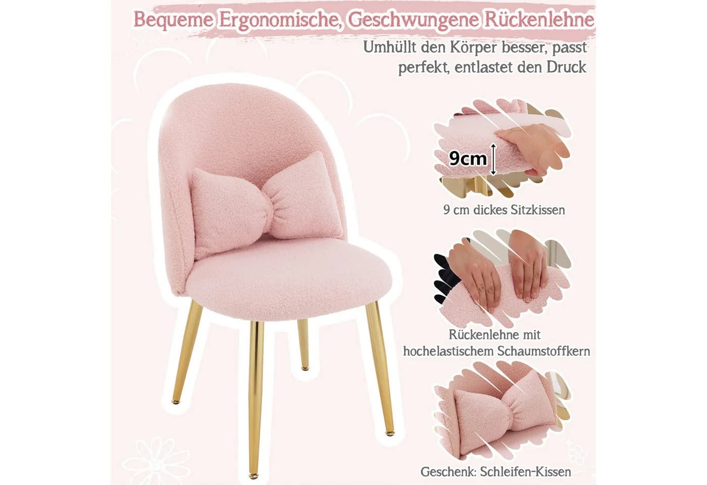 VINGLI Polsterstuhl Rosa Teddy-Stoff Schleife Zierkissen - Bild 4