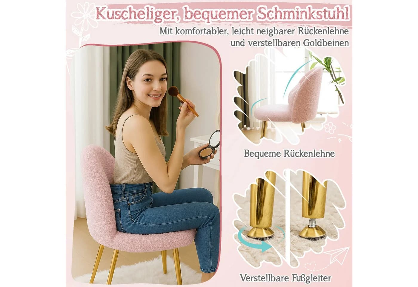 VINGLI Polsterstuhl Rosa Teddy-Stoff Schleife Zierkissen - Bild 5