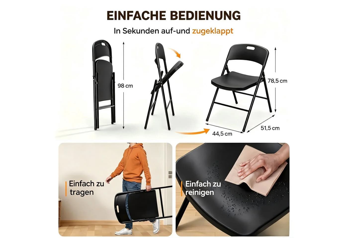 VINGLI Klappstuhl 2er Set Weiß/Schwarz Kunststoff & Metall