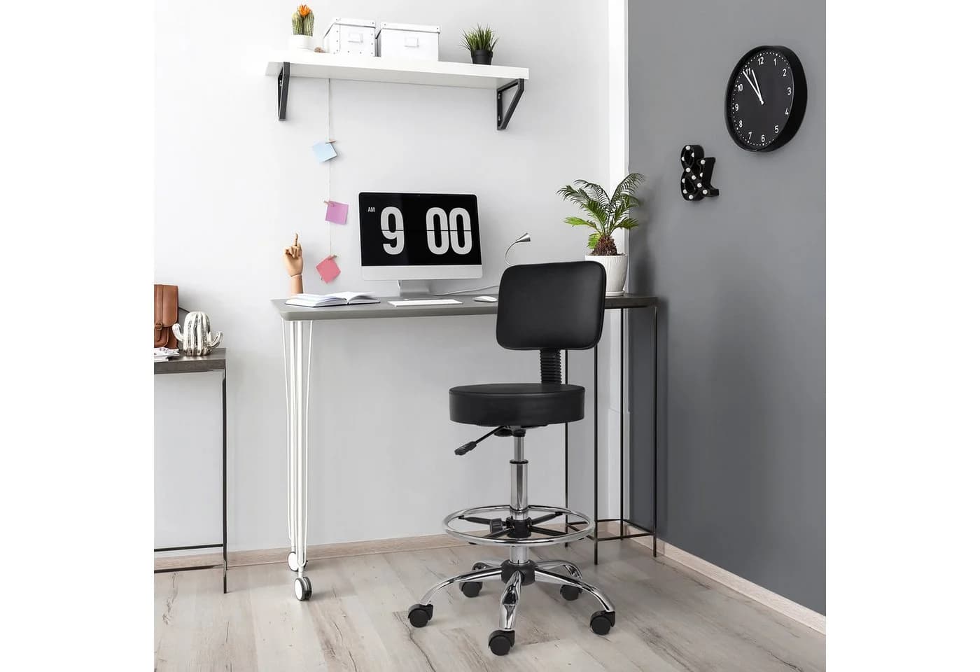 VINGLI Drehhocker Rollhocker Arbeitshocker Bürohocker Höhenverstellbar Lehne Abnehmbar Ring-Fußstütze - Bild 4