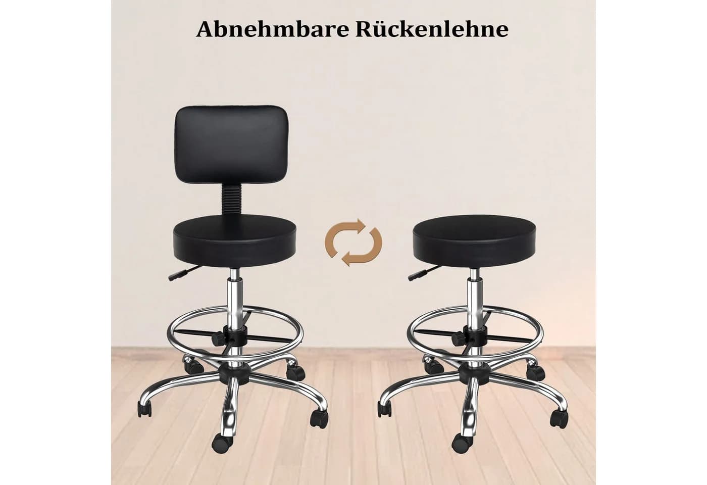 VINGLI Drehhocker Rollhocker Arbeitshocker Bürohocker Höhenverstellbar Lehne Abnehmbar Ring-Fußstütze - Bild 5