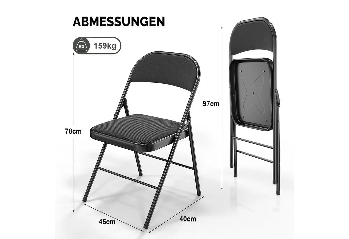VINGLI Klappstuhl Set Gepolstert Stahl & Stoff Schwarz/Grau