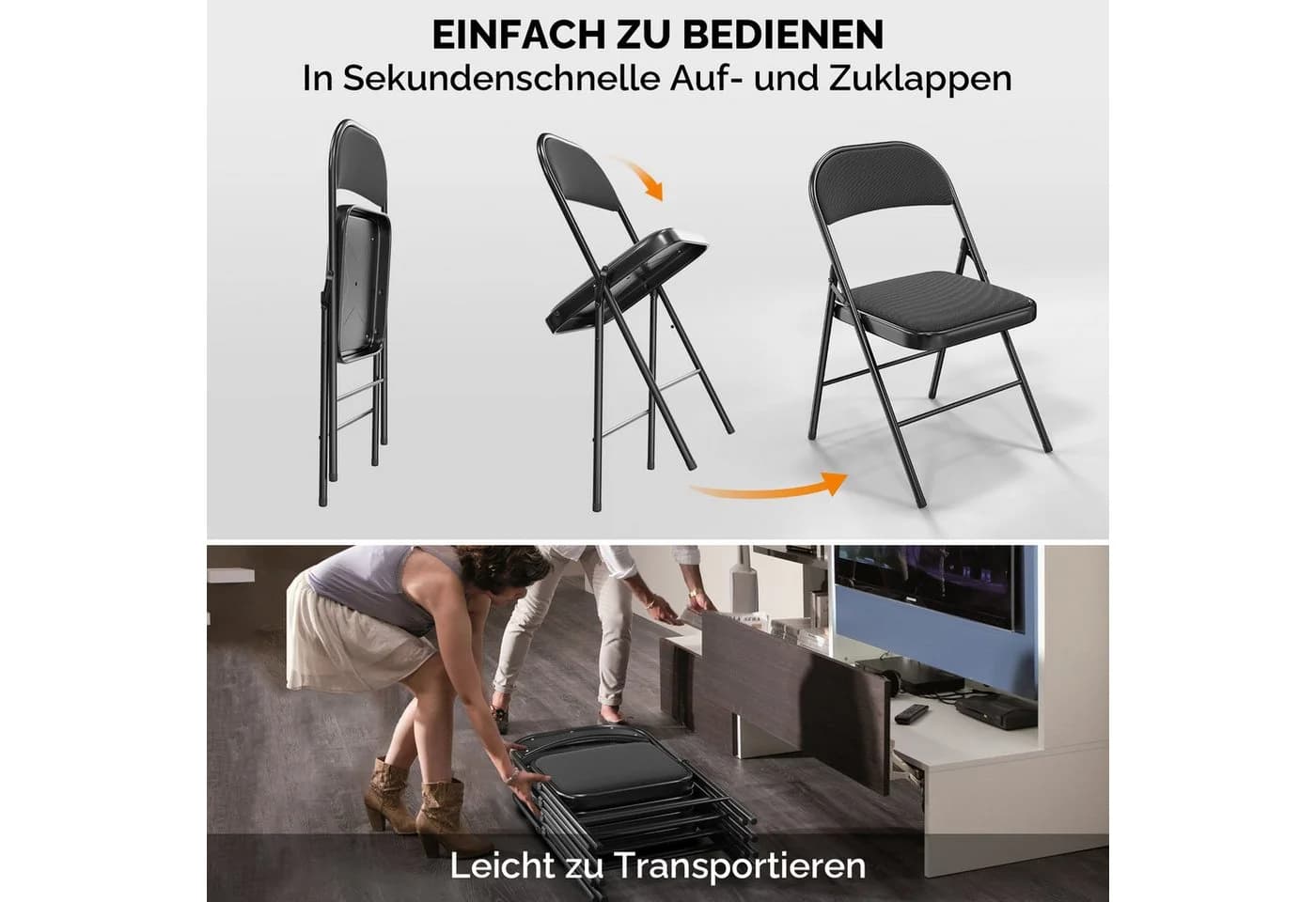 VINGLI Klappstuhl Set Gepolstert Stahl & Stoff Schwarz/Grau - Bild 4
