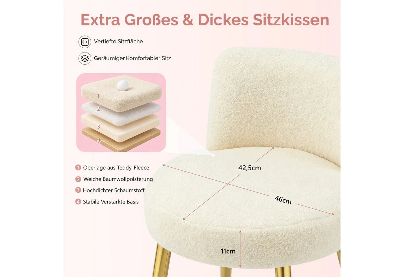 VINGLI Polsterstuhl Schminkstuhl Beige Teddyplüsch