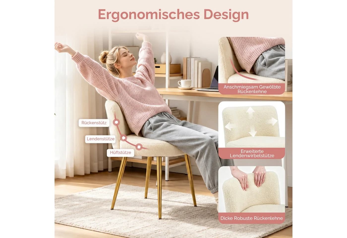 VINGLI Polsterstuhl Schminkstuhl Beige Teddyplüsch - Bild 4