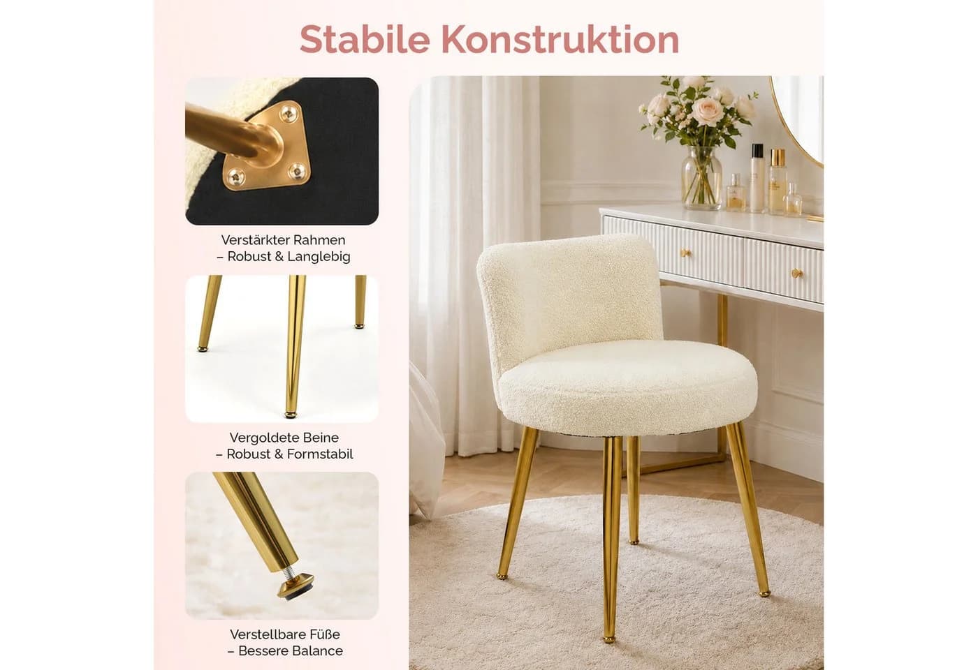 VINGLI Polsterstuhl Schminkstuhl Beige Teddyplüsch - Bild 5