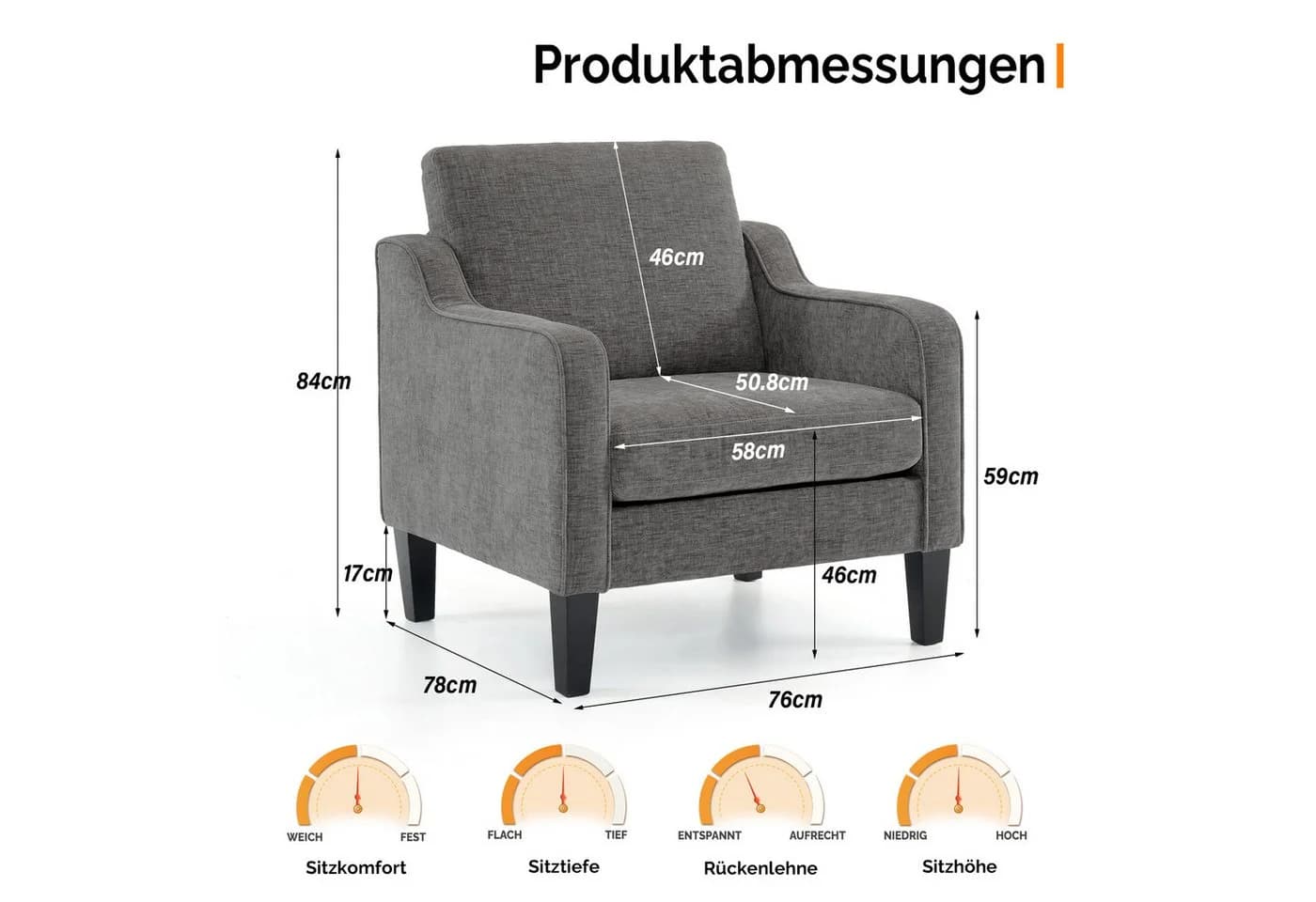 VINGLI Chenille Sessel Grau mit Holzbeinen