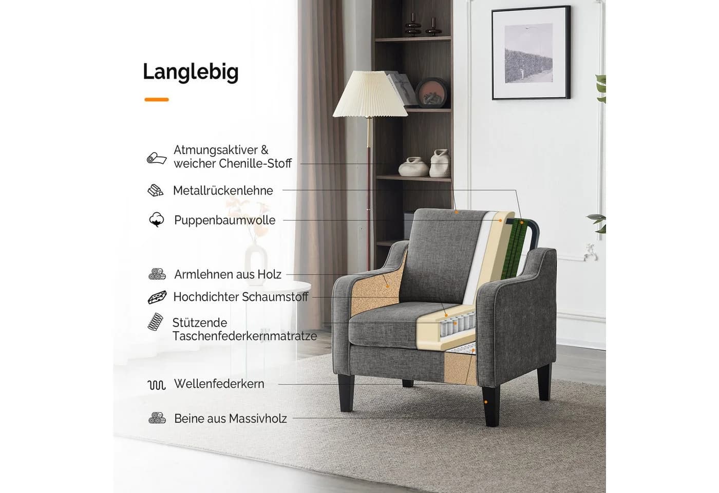 VINGLI Chenille Sessel Grau mit Holzbeinen - Bild 3