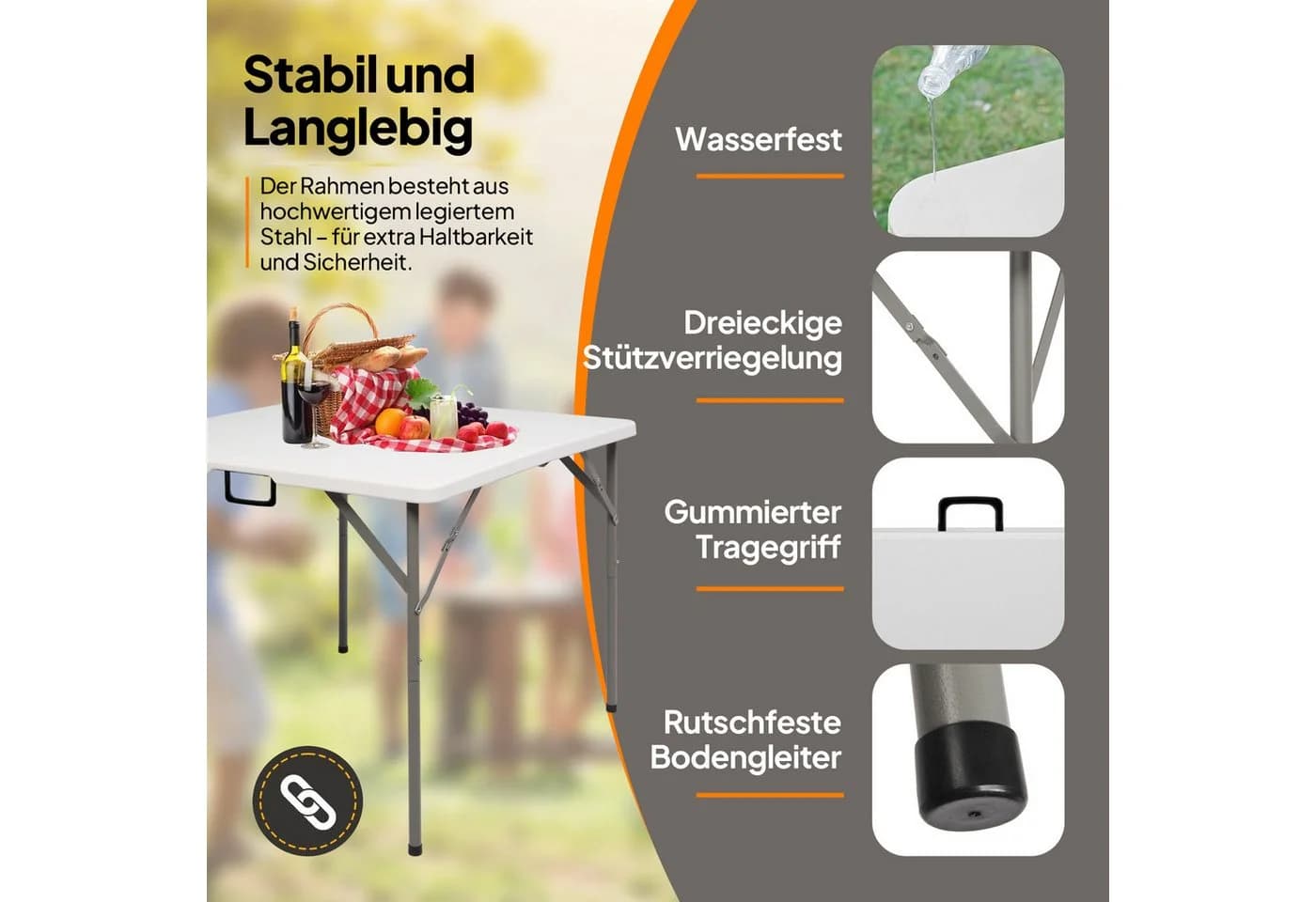 VINGLI Campingtisch Klapptisch 86x86 cm Weiß - Bild 3