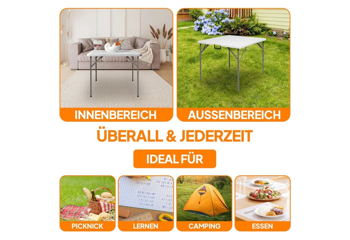 VINGLI Campingtisch Klapptisch 86x86 cm Weiß - Bild 5