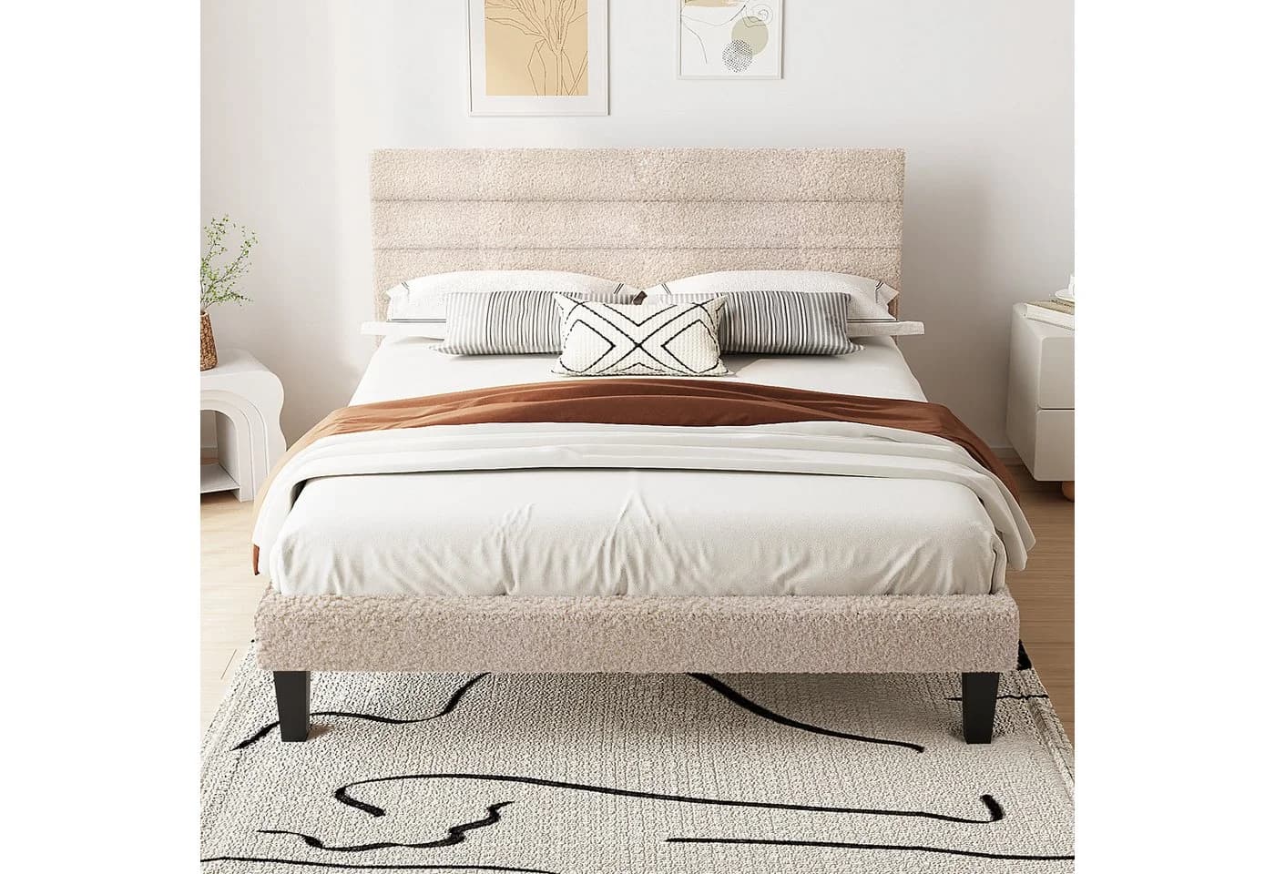 VINGLI Polsterbett 160x200 cm mit verstellbarem Kopfteil Bouclé Beige - Bild 2