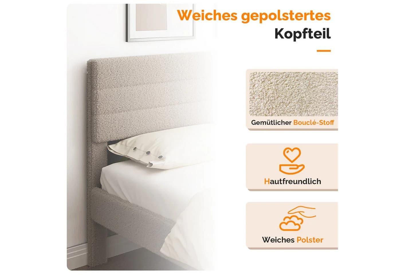 VINGLI Polsterbett 160x200 cm mit verstellbarem Kopfteil Bouclé Beige - Bild 3