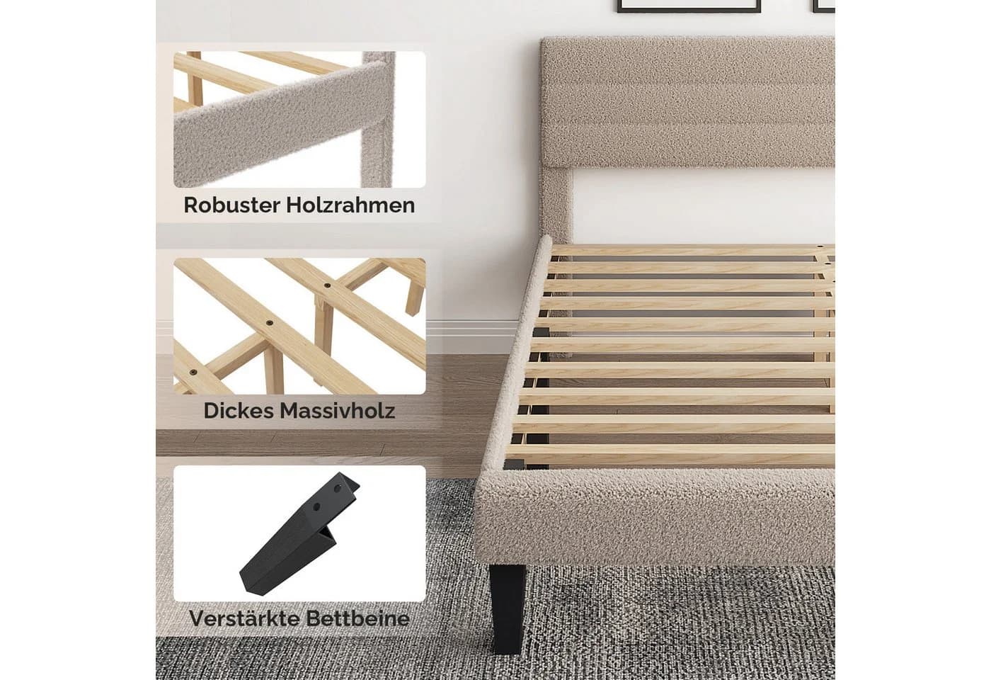 VINGLI Polsterbett 160x200 cm mit verstellbarem Kopfteil Bouclé Beige - Bild 5