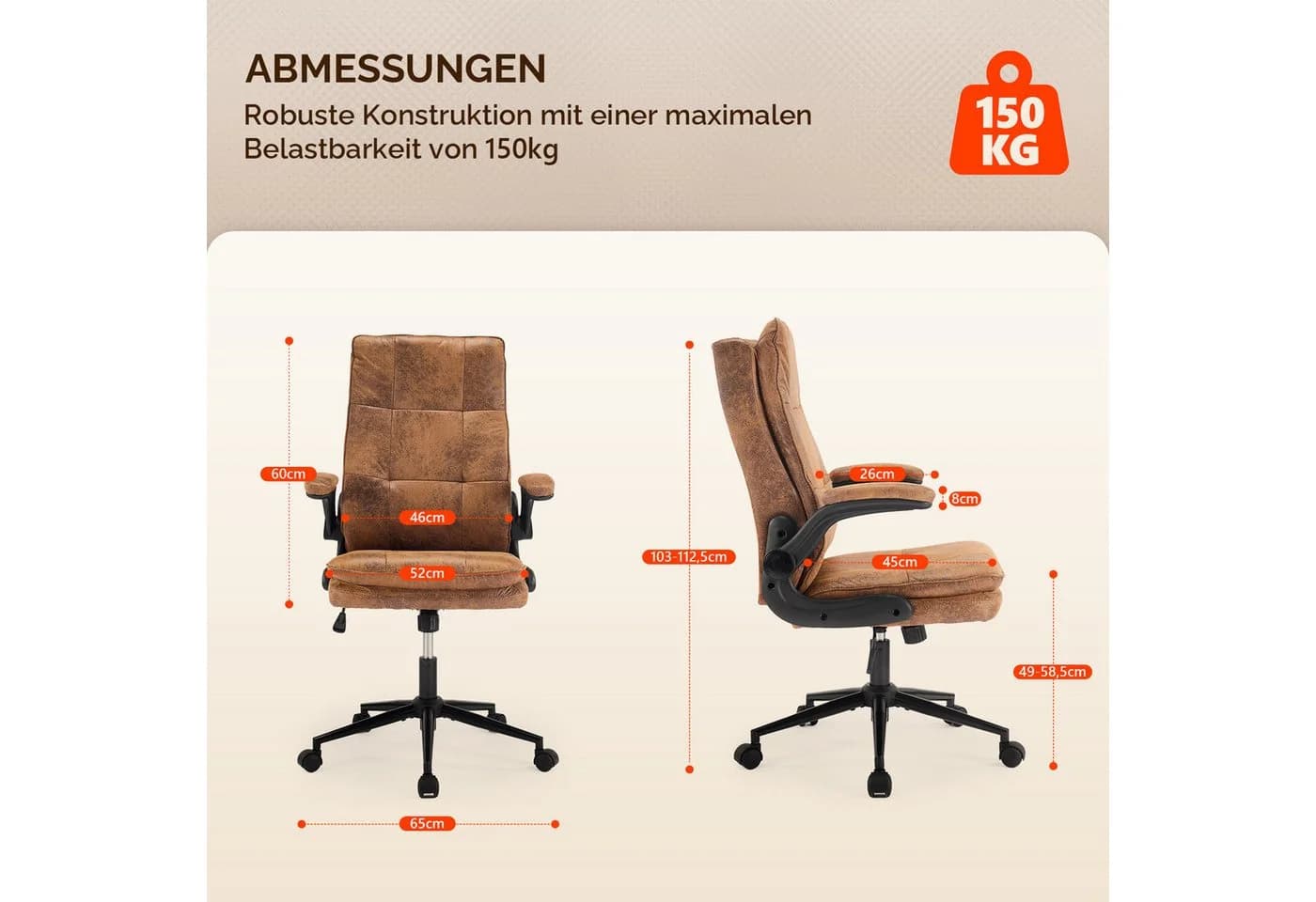 VINGLI Ergonomischer Drehstuhl mit klappbaren Armlehnen und PU-Leder Bezug