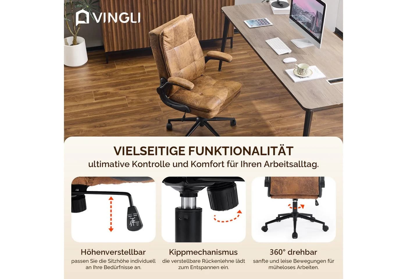 VINGLI Ergonomischer Drehstuhl mit klappbaren Armlehnen und PU-Leder Bezug - Bild 3