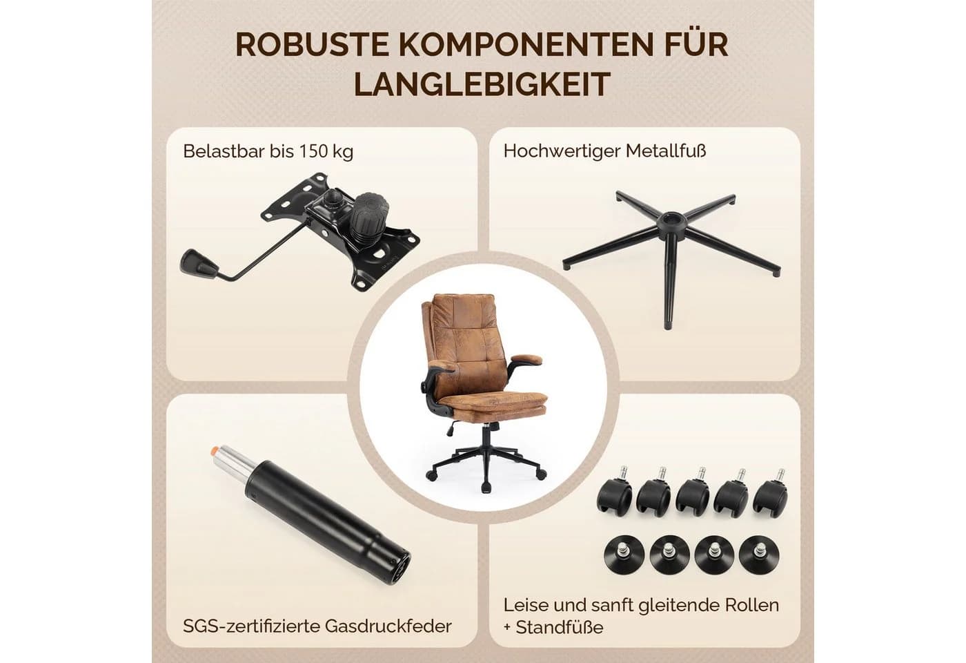 VINGLI Ergonomischer Drehstuhl mit klappbaren Armlehnen und PU-Leder Bezug - Bild 5