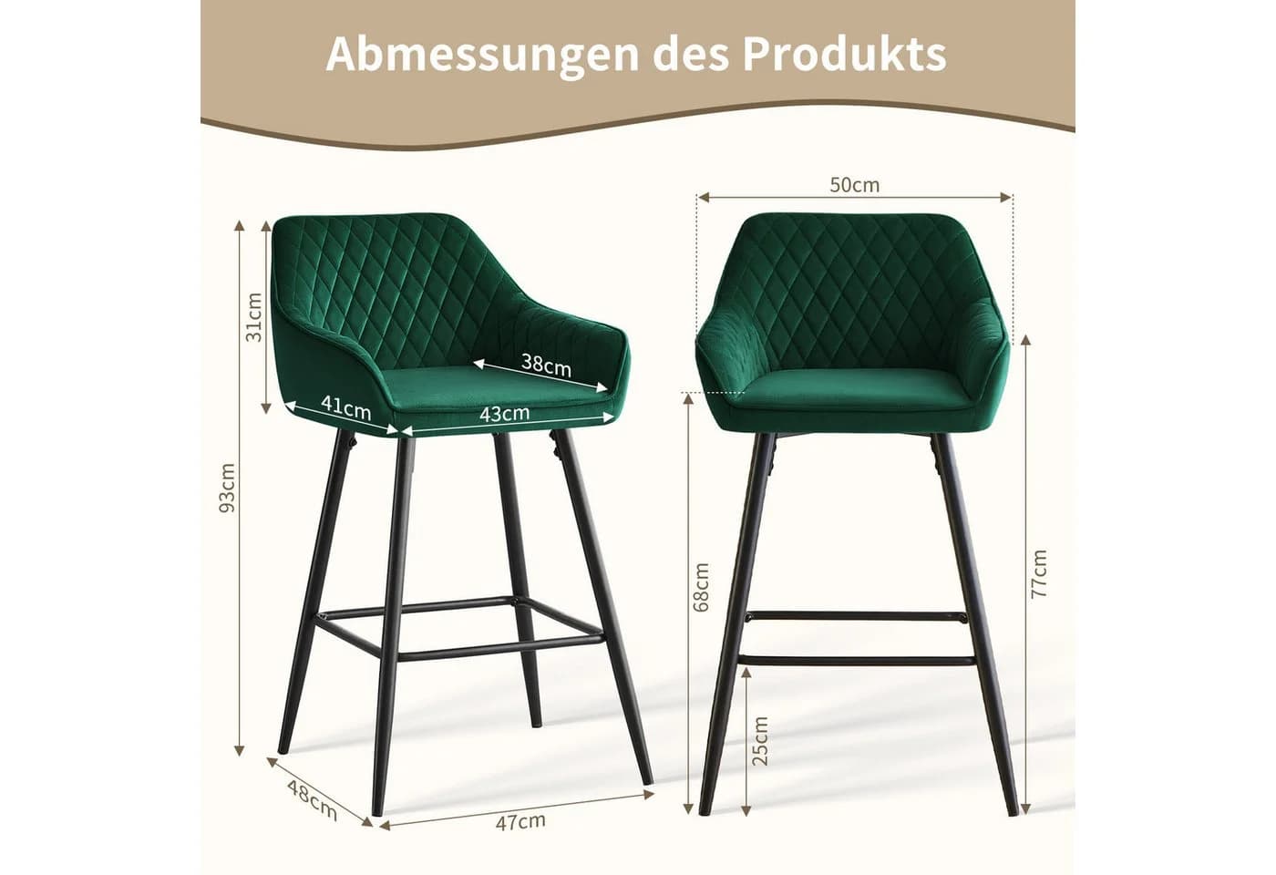 JYMTOM Barhocker Kunstleder Barhocker 2er-Set mit gepolsterter Sitz, Rücken- und Armlehnen, Metallbeinen für Küche und Esszimmer, Grün