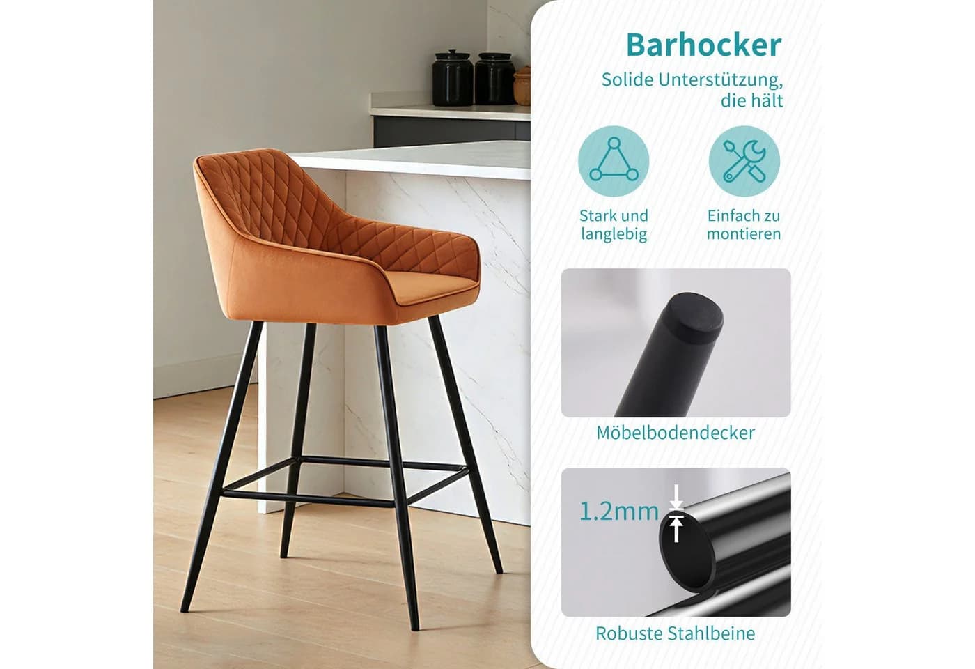 JYMTOM Barhocker 2er-Set Kunstleder Hellorange mit Armlehne - Bild 4