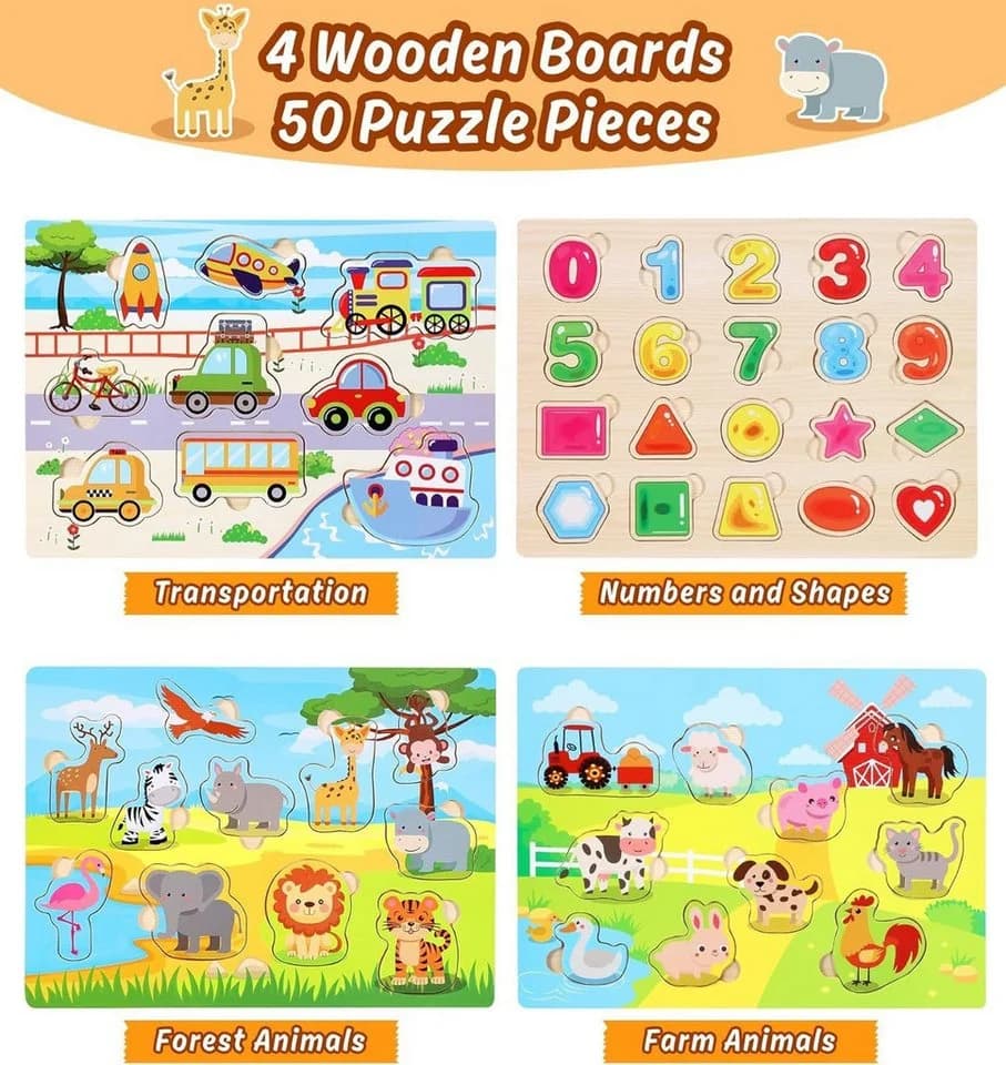 POPOLIC Steckpuzzle 4er-Set Holzpuzzle 50 Teile 5 Themen
