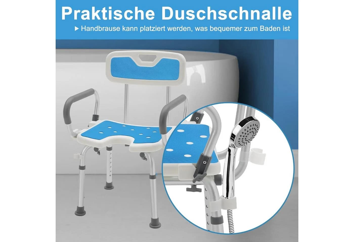 AKKEE Duschhocker mit Armlehnen, blau, höhenverstellbar - Bild 3