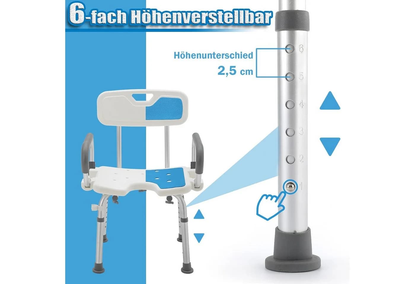 AKKEE Duschhocker mit Armlehnen, blau, höhenverstellbar - Bild 4