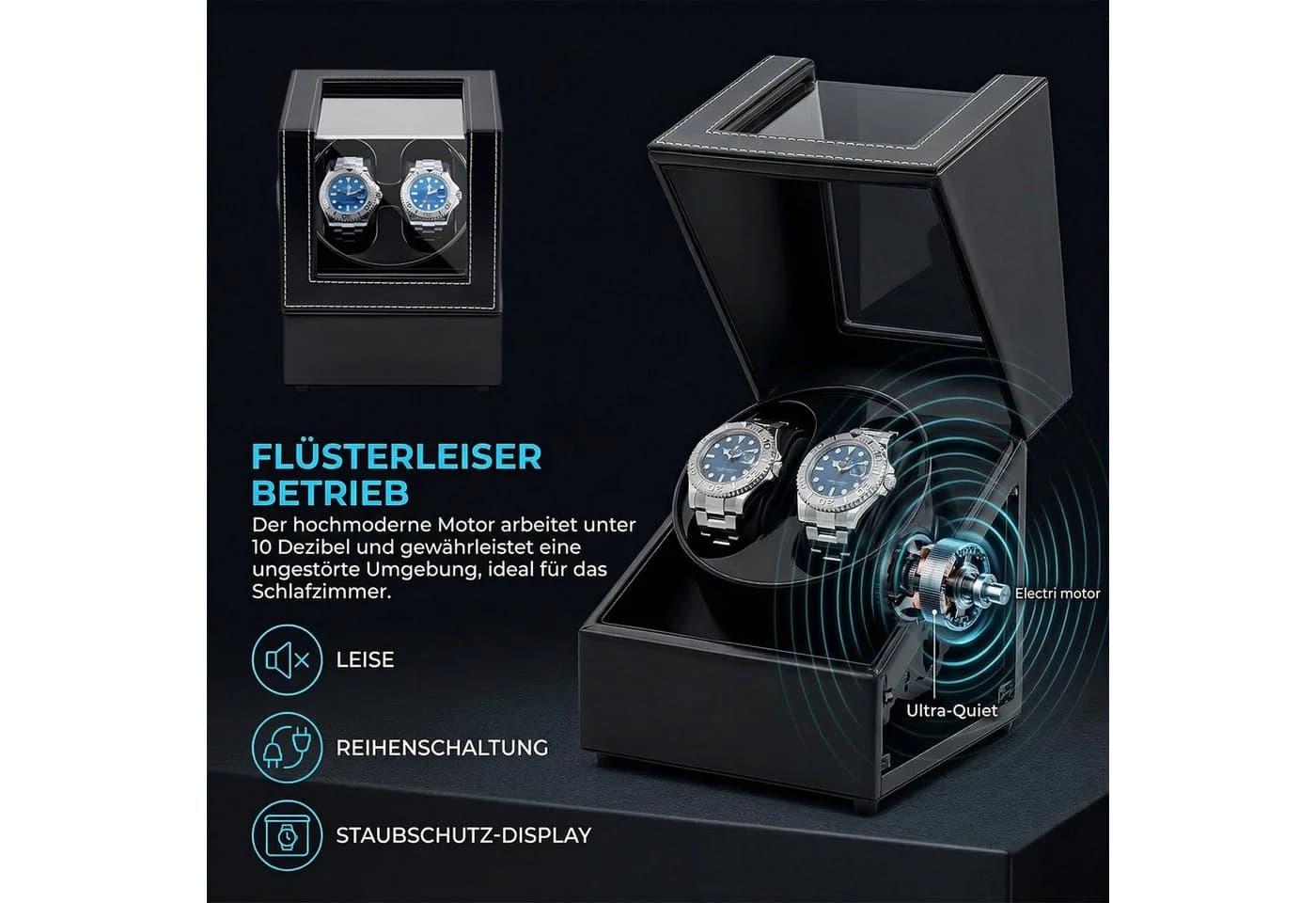 AKKEE Uhrenbeweger 2 Uhren Automatik Schwarz Leiser Motor - Bild 3