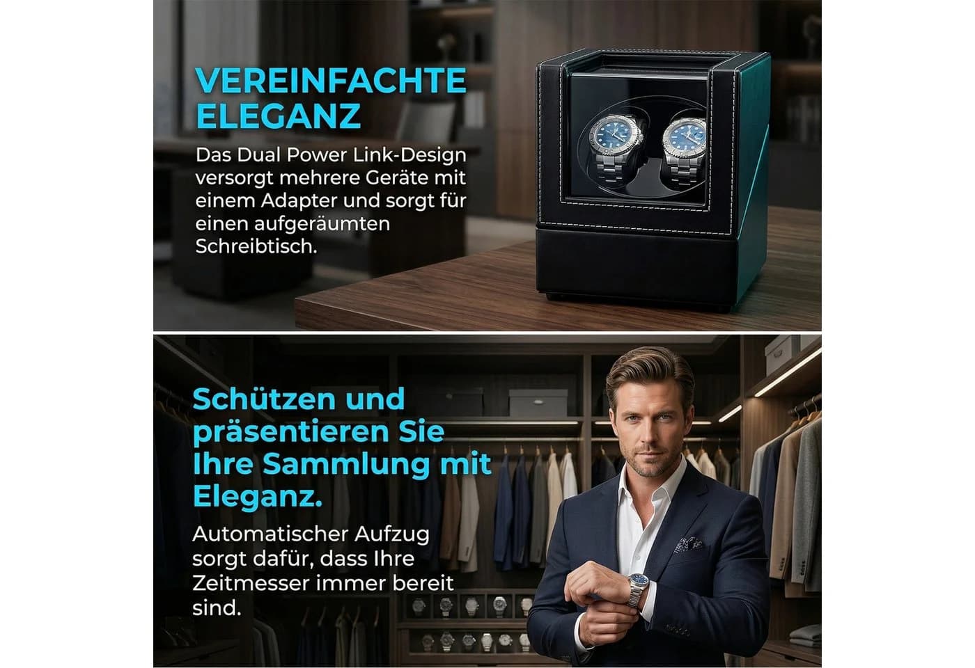 AKKEE Uhrenbeweger 2 Uhren Automatik Schwarz Leiser Motor - Bild 4