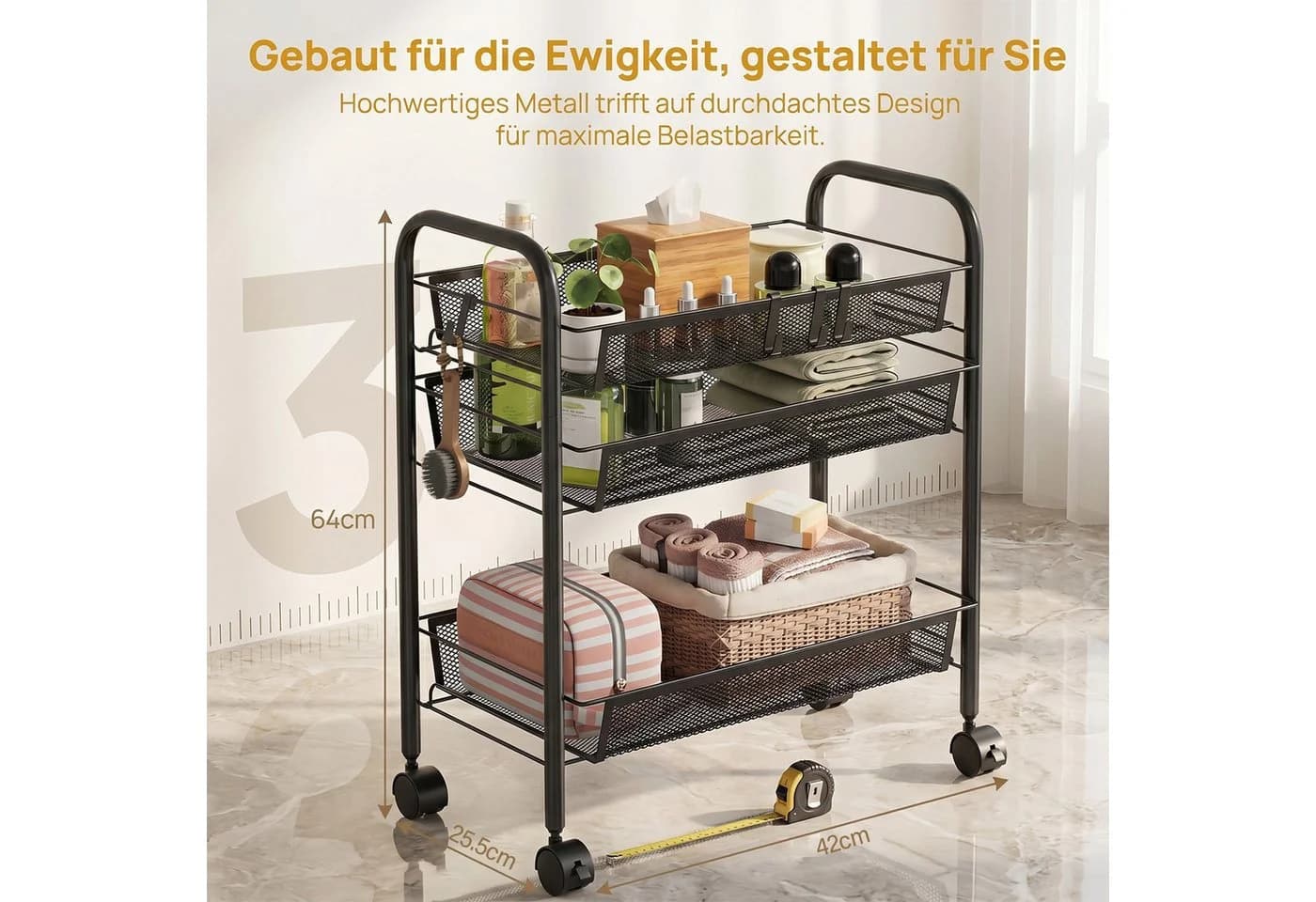 AKKEE Beistellwagen Küchenwagen Schwarz 3 Etagen mit Rollen