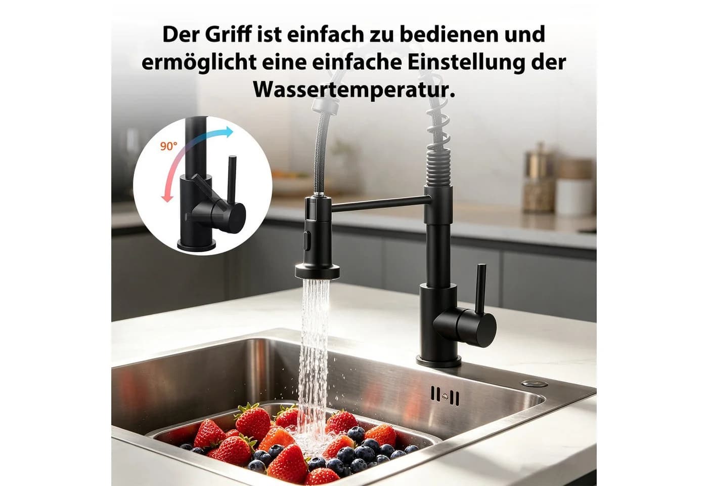 AKKEE Küchenarmatur Schwarz 360° drehbar mit Ausziehbare Brause - Bild 3