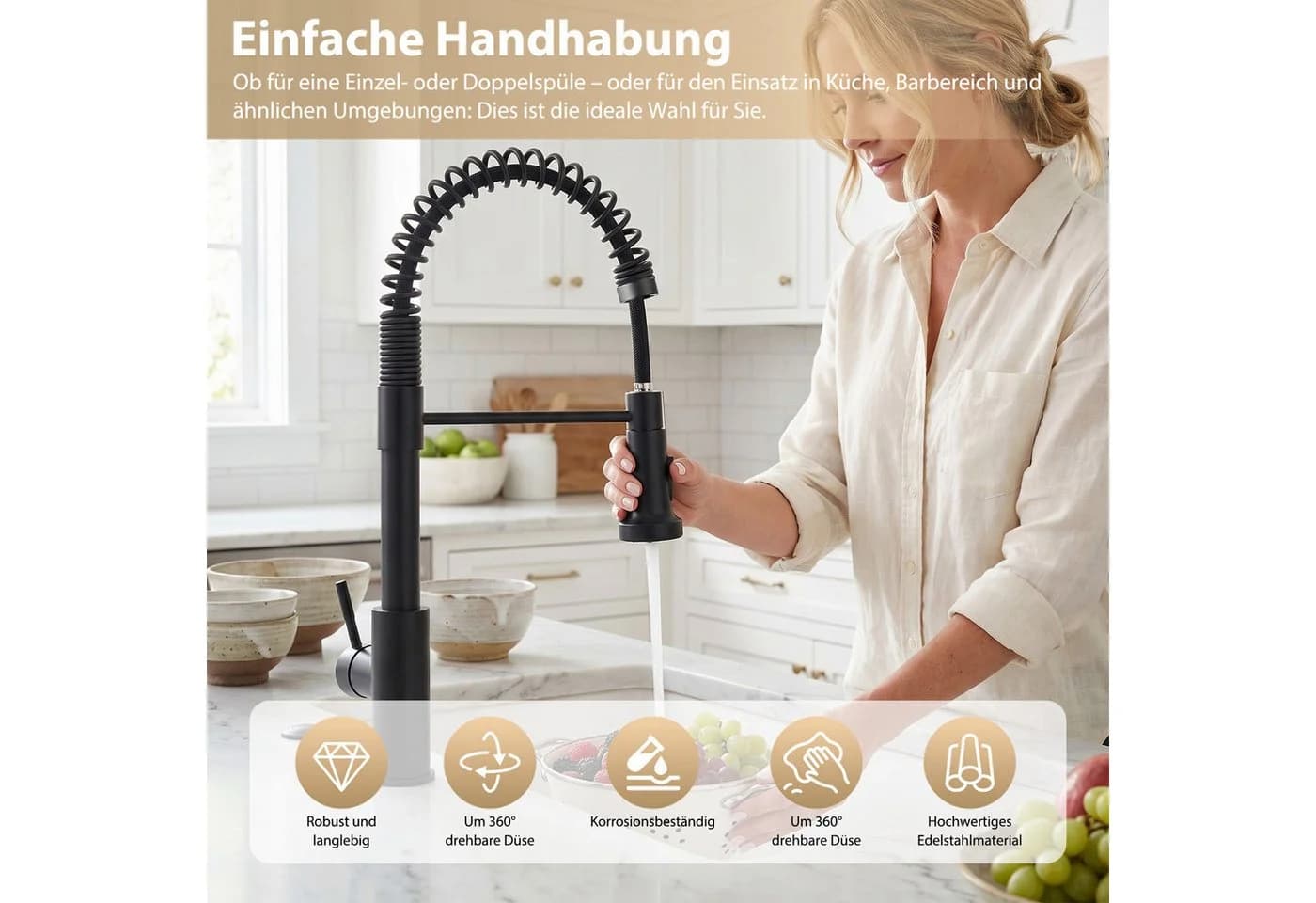 AKKEE Küchenarmatur Schwarz 360° drehbar mit Ausziehbare Brause - Bild 4