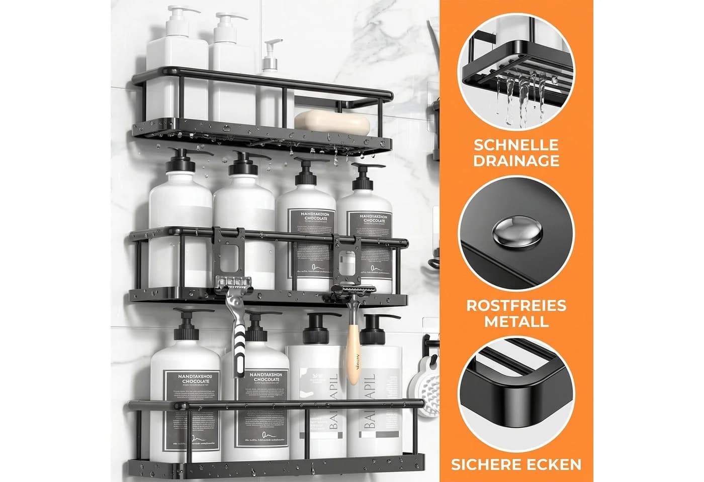 AKKEE Duschablage 6 Stk. Schwarz Ohne Bohren Badezimmer Organizer - Bild 3