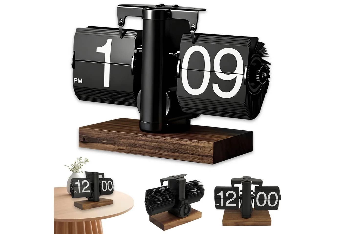 AKKEE Retro Pendeltischuhr Schwarz Metall Holz Flip-Down - Bild 2