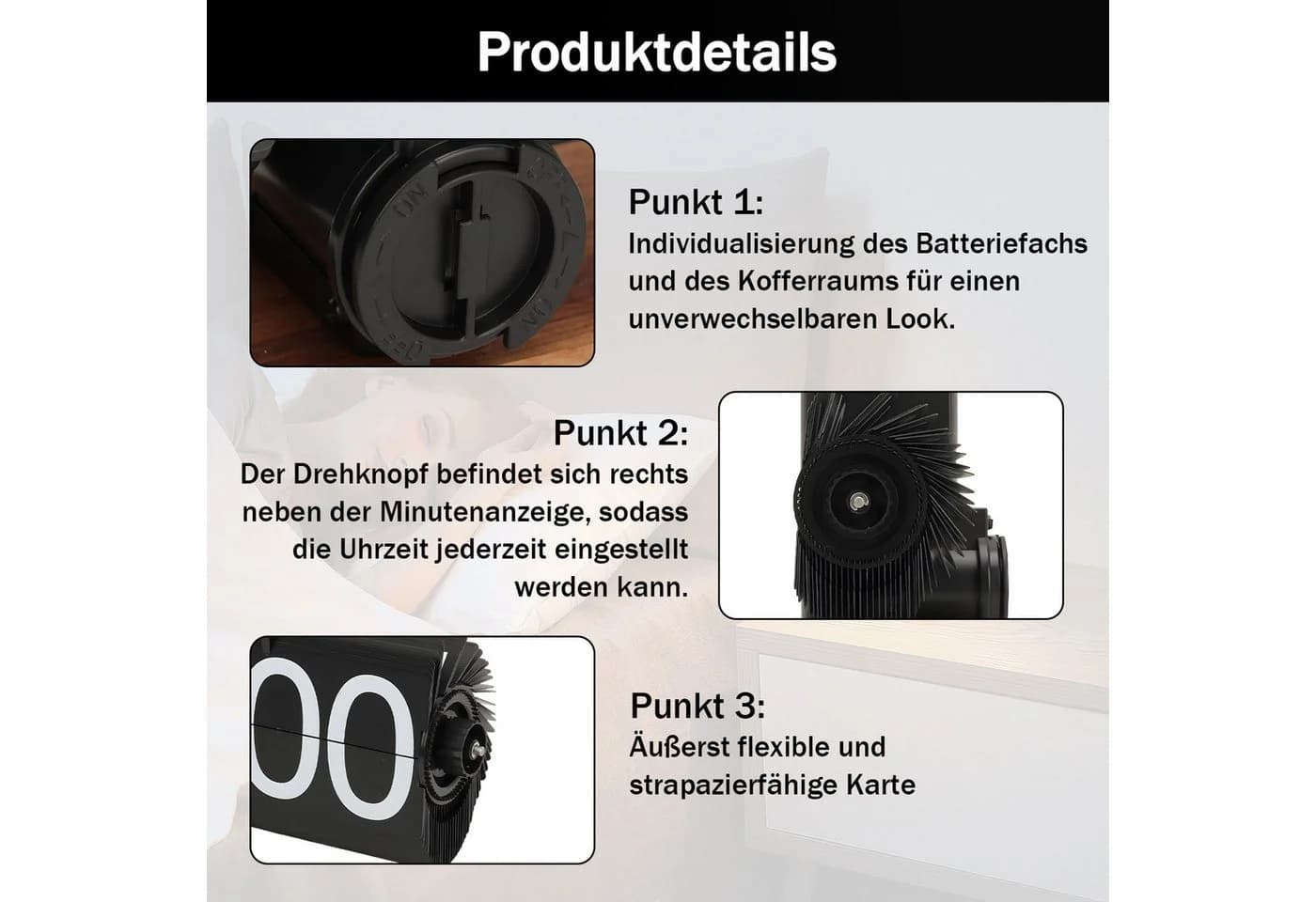 AKKEE Retro Pendeltischuhr Schwarz Metall Holz Flip-Down - Bild 5