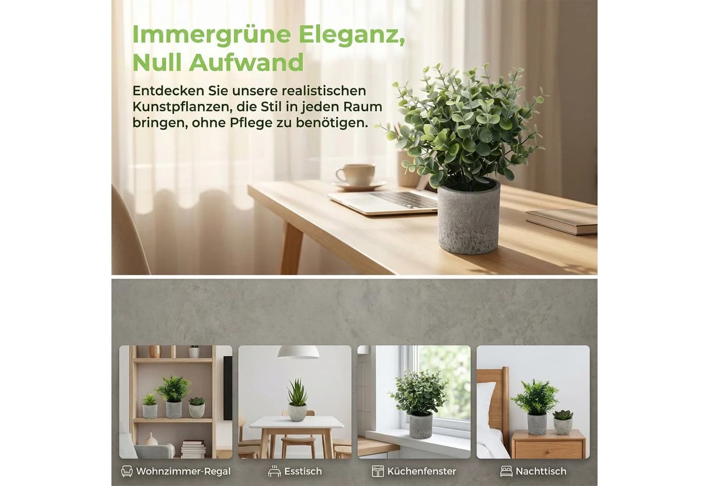 AKKEE 5er-Set Mini Kunstpflanzen Grün Grau Pflegeleicht