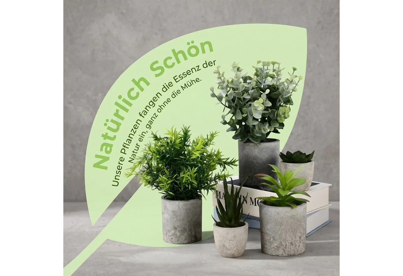 AKKEE 5er-Set Mini Kunstpflanzen Grün Grau Pflegeleicht - Bild 4